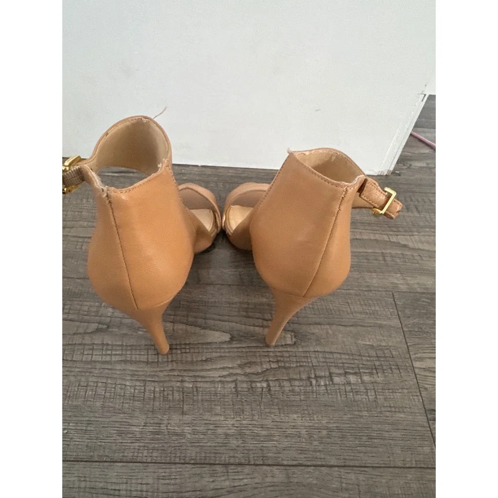 BCBGeneration Ruize Tan Leather Ankle Wrap Stiletto Heels Sandals 9.5B